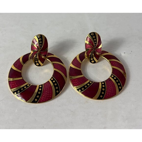 Vintage Red Black Goldtone Enamel Hoop Earrings 2.25 inches - Picture 1 of 5